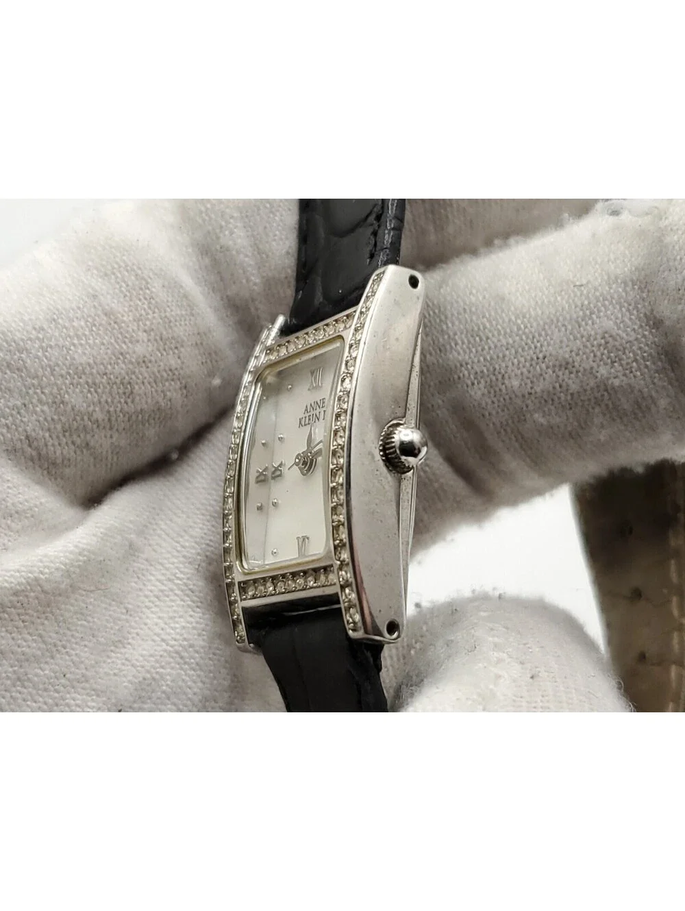 Anne Klein II MOP Dial Rhinestone Bezel Tank Syle Quartz Watch New Battery 16mm